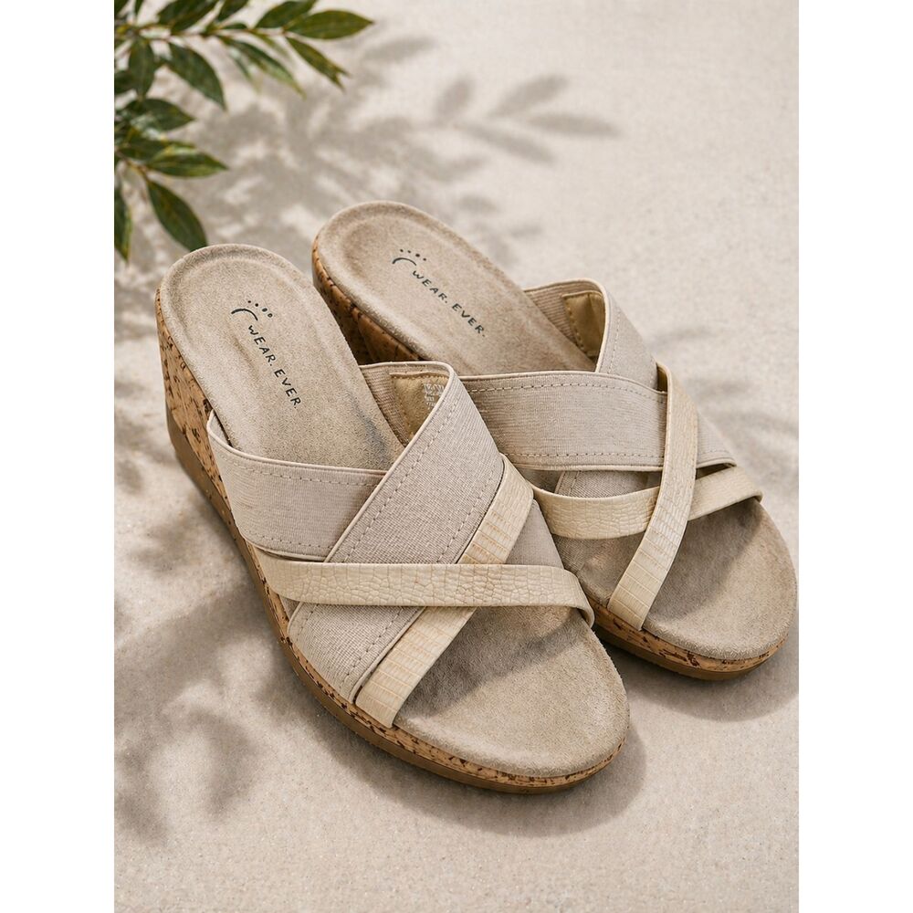 Wear.Ever Beige Platform Wedge Sandals Size 7 Cork Sole Comfort Slide Neutral